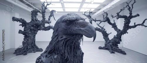 a black and white photo of a bird in a room with dead trees in the foreground and a skylight in the background. photo