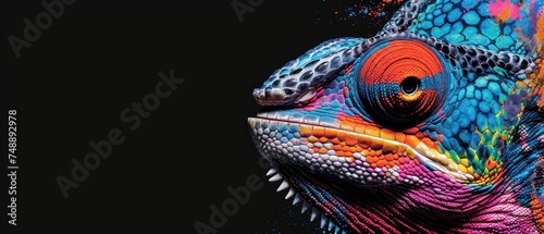 a close up of a colorful chamelon's face on a black background with multicolored paint splattered all over it. © Jevjenijs