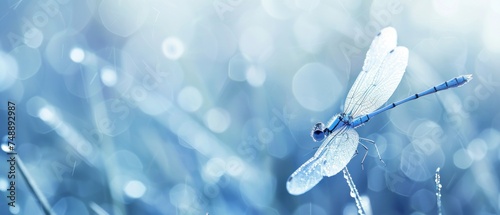 a close up of a blue dragonfly on a blade of grass with water droplets on it's wings. photo