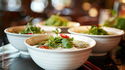 white ceremic bowl of Pho on a table at a luxury but cosy restaurant with French Hanoian design photo