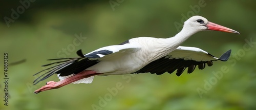 a white and black bird with a long red beak flying through the air with it's wings spread wide open.