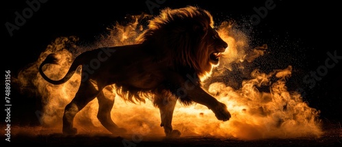 a lion standing on its hind legs in front of a bunch of fire with it's mouth wide open.
