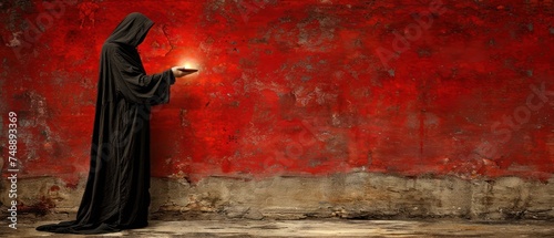 a woman in a black robe holding a lit candle in front of a red wall with peeling paint on it.