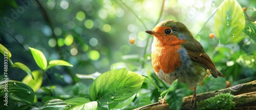 a small bird perched on a tree branch in a forest filled with green leaves and a bright sun shining through the leaves.
