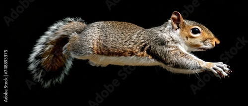 a close up of a squirrel flying in the air with its front paws on the ground and it's front paws on the ground. © Jevjenijs