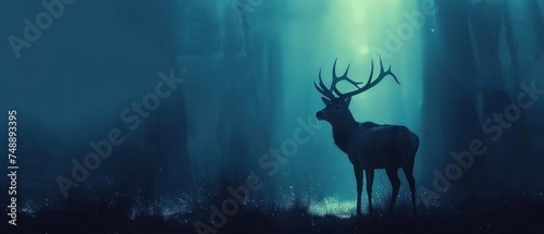 a deer standing in the middle of a forest with lots of light coming from it's head and antlers. © Jevjenijs