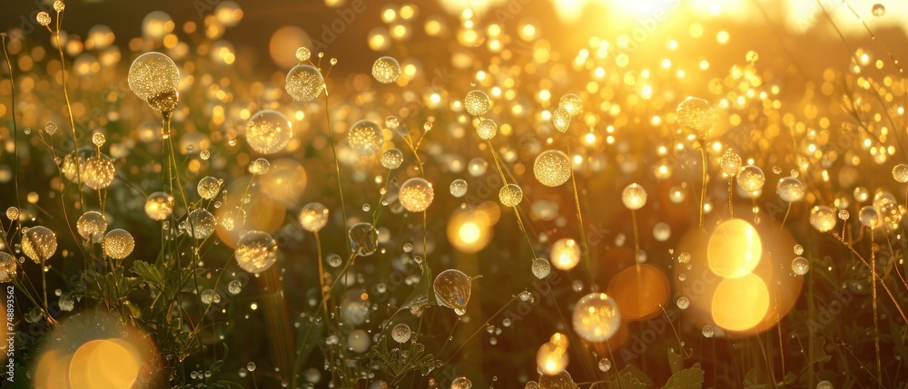 a field full of dandelions with the sun shining through the drops of dew on the dandelions. a field full of dandelions with the sun shining through the drops of dew on the dandelions.