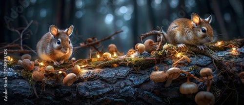a couple of mice sitting on top of a tree branch covered in mushrooms and lite - up fairy lights. photo