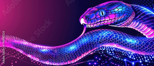 a computer generated image of a snake on a purple background with blue, pink, and purple lines and dots. photo
