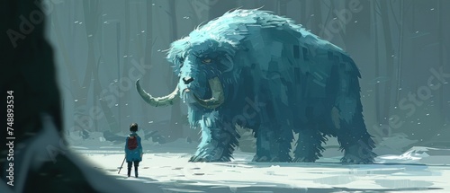 a person standing in front of a giant blue mammoth in a snowy forest with a person standing next to it. photo