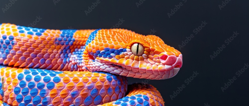 a close up of a colorful snake's head on a black background with blue, orange, and pink colors.