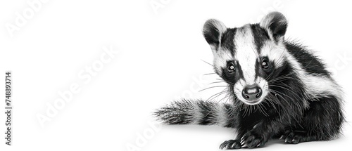 a close up of a raccoon on a white background with a black and white image of a raccoon.