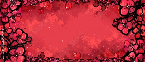 a picture of a red background with flowers and hearts in the middle of the frame and a red background with hearts in the middle of the frame. photo