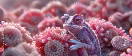 a close up of a lizard on a coral with other corals in the background and water droplets in the foreground.