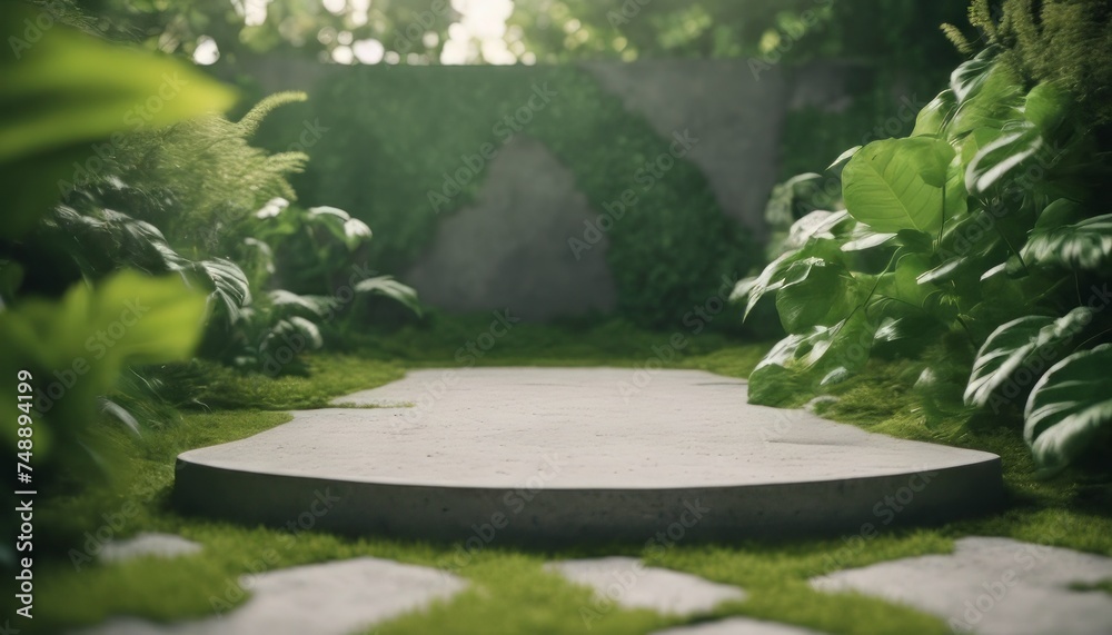 Obraz premium one and concrete podium in Natural green background, the scene with green leaves
