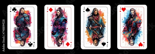 Set of card jacks of different suits, depicting warriors of different cultures, isolated on black