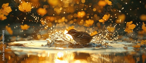 a small bird splashing in a body of water with yellow leaves on the side of the water as the sun shines in the background.