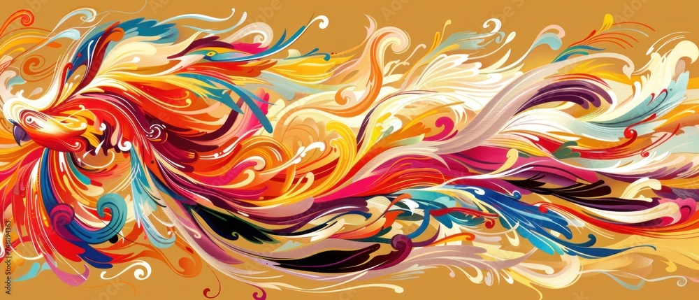 a painting of a colorful bird with swirls and swirls on it's wings, on an orange background.
