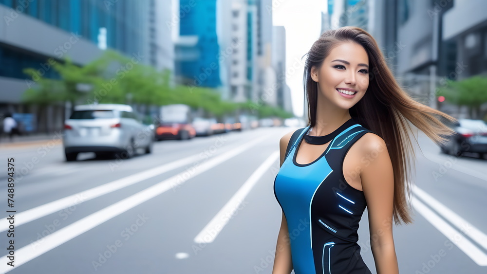 A girl in a cyber gaming T-shirt smiles against the backdrop of a city street in summer