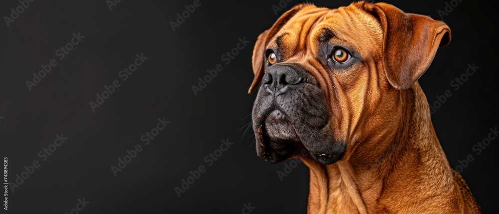 a close up of a dog's face with an intense look on it's face, against a black background.