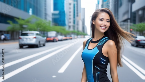 A girl in a cyber gaming T-shirt smiles against the backdrop of a city street in summer