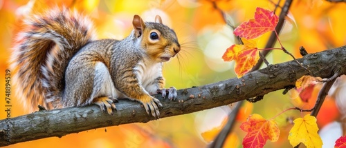 a squirrel sitting on top of a tree branch next to a tree branch with fall colored leaves in the background.