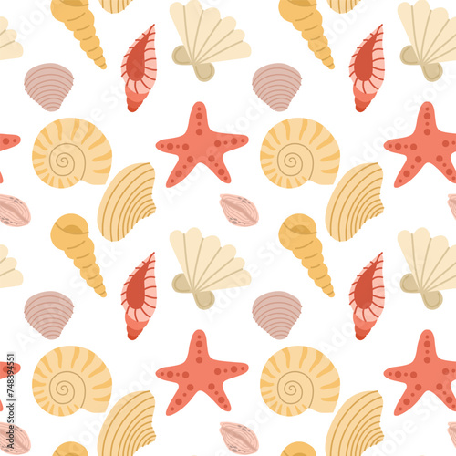 Seamless pattern with seashells, starfish, corals, seaweeds, waves. Hand-drawn seaside summer beach print. Cute ocean background. 