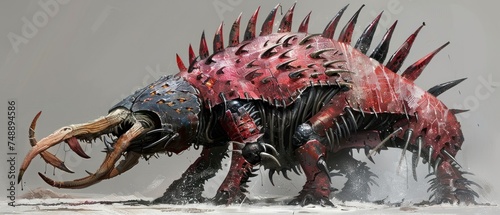 a giant monster with spikes and spikes on it's back legs, standing in the snow with its mouth open. photo