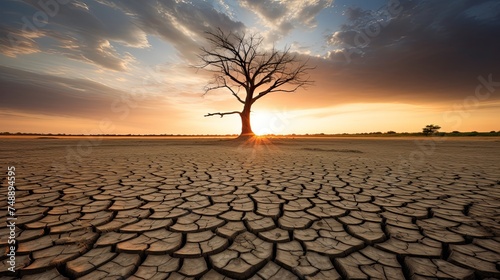 Drought cracks the earth a lone tree stands in a parched landscape photo