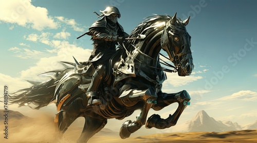 Scifi knight riding a robotic steed dynamic illustrated in 3D