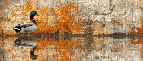 a duck standing on top of a body of water next to a rusted wall with a reflection of it in the water. photo