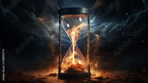 Unique 3D animation of an hourglass with lightning striking through capturing the fusion of time and energy against a dramatic backdrop