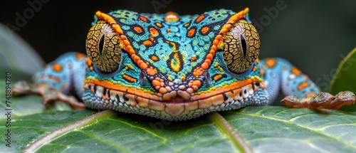 a colorful frog sitting on top of a green leaf covered in lots of orange, blue, and yellow colors.