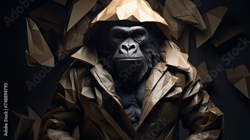 Unique origamiinspired scarecrow gorilla a masterpiece of portrait photography and 3D animation against an artful backdrop photo