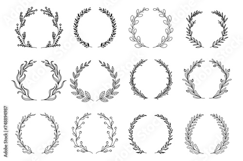 Ornamental branch wreathes set in hand drawn design. Laurel leaves wreath and decorative branch bundle. Different types of herbs, twigs, and plants curl vignetting elements. Floral decoration. © alexdndz
