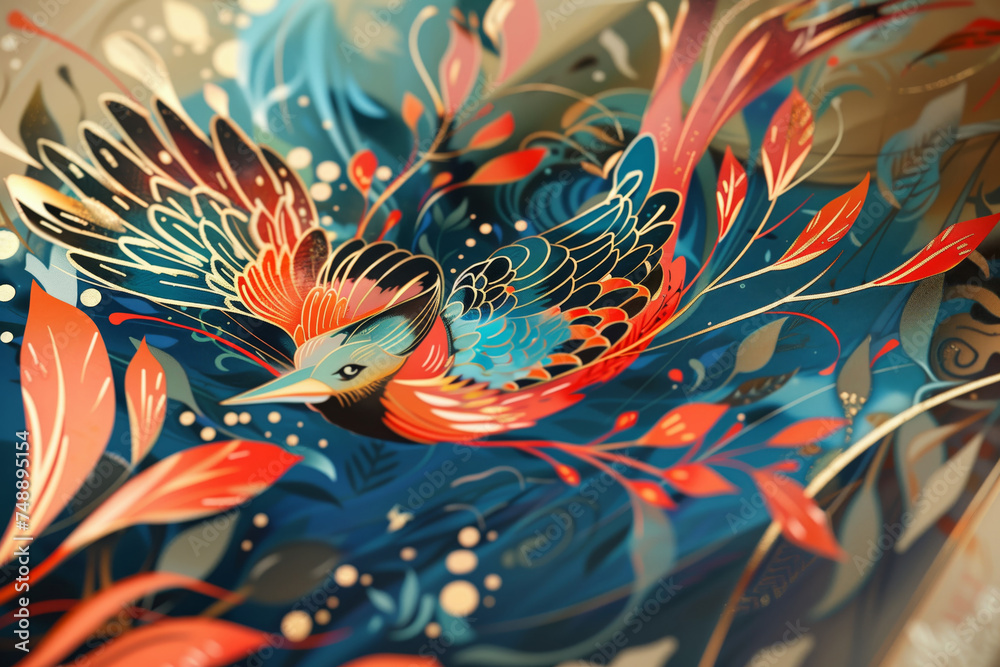 Fototapeta premium Abstract illustration of colorful bird in paper, with wavy and ornamental feathers, paint and perspective shapes cut out on graphic print
