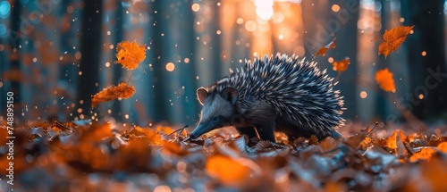 a porcupine is walking through the leaves in a forest with the sun shining through the trees in the background. © Jevjenijs