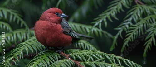 a red bird sitting on a branch of a tree with green leaves in the foreground and a dark background. photo