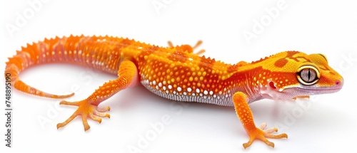 a close up of a gecko on a white background with a white spot on the back of the gecko.