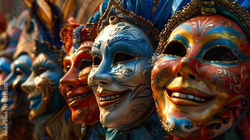 Masks representing varied emotions adorn the Carnival scene in Rio de Janeiro, reflecting the diversity and vibrant energy of the event. Carnival masks.