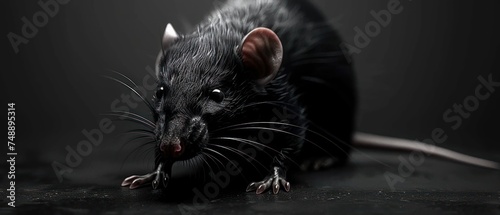 a close up of a rat on a black surface with a light shining through the top of the rat's head. © Jevjenijs