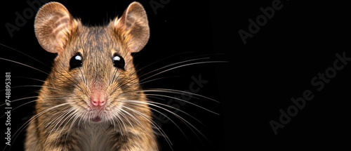 a close up of a mouse's face on a black background with a blurry image of the mouse's face.