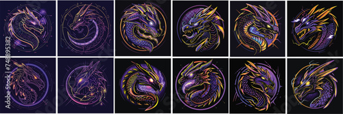 vector illustration icon sheet, blue purple color vector minimalist dragon design