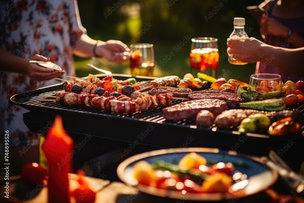 group of friends are grilling meat and vegetables on a picnic gas stove. On the table are plates, bowls, glasses and condiments. Style: Fun, Relaxed, - obrazy, fototapety, plakaty 