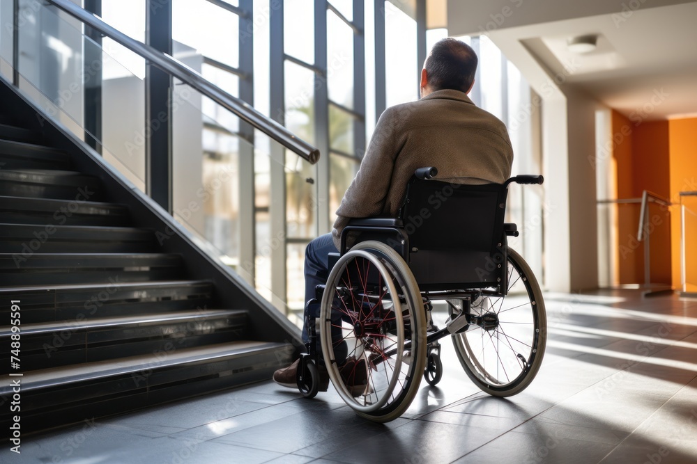 Fototapeta premium physically disabled person sits in a wheelchair and works in the office. Disabled people with disabilities can work like normal people.
