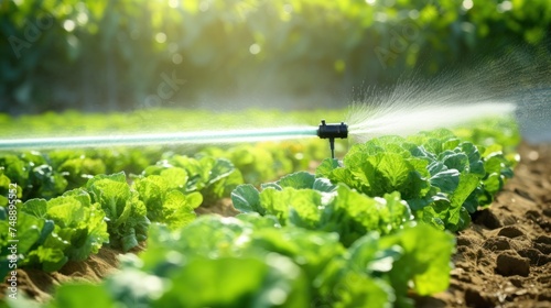 Automatic watering system for a lush and thriving vegetable garden. Shows good yield efficiency using an automatic watering system. photo
