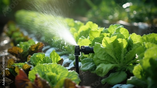 Automatic watering system for a lush and thriving vegetable garden. Shows good yield efficiency using an automatic watering system. photo