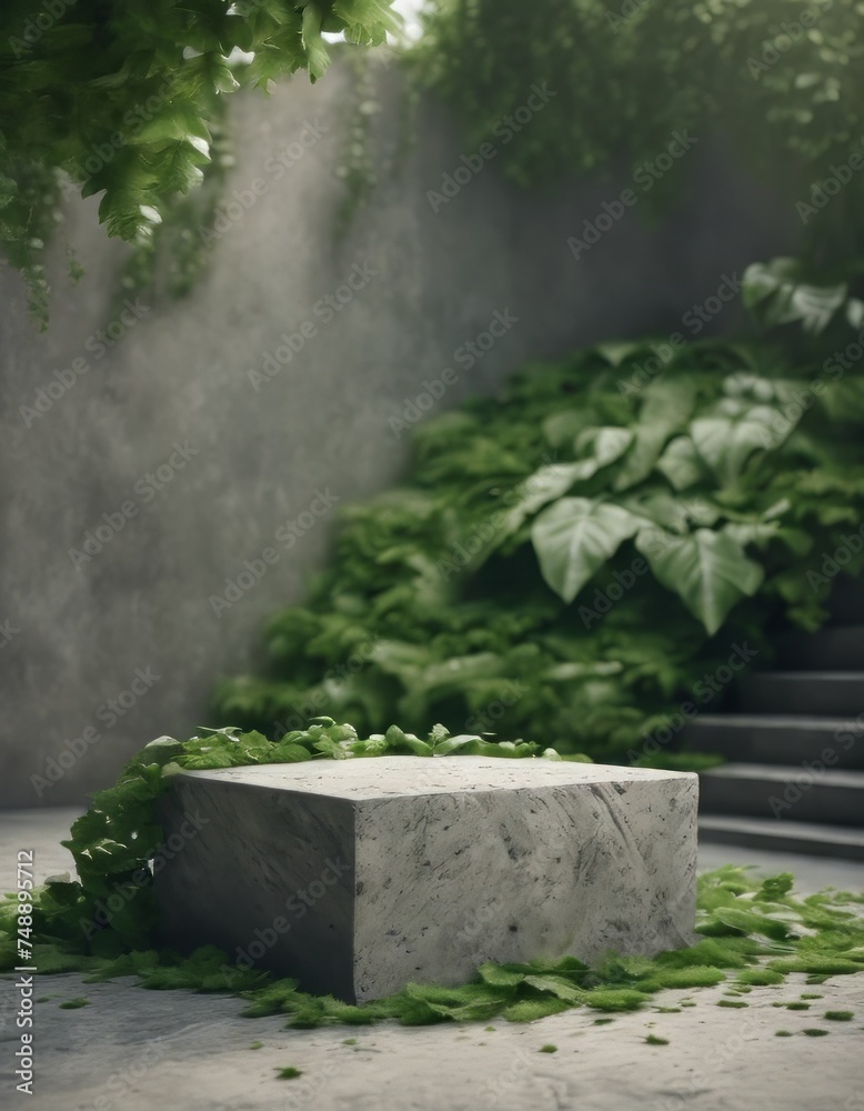 one and concrete podium in Natural green background, the scene with green leaves one and concrete podium in Natural green background, the scene with green leaves