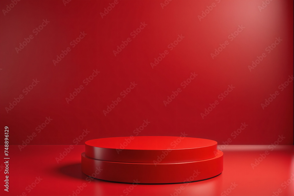 Empty pedestal display on red background with blank stand for product show or presentation Empty pedestal display on red background with blank stand for product show or presentation