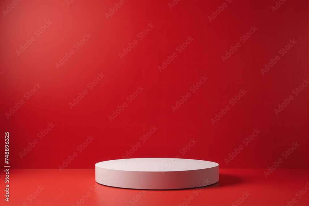 Empty pedestal display on red background with blank stand for product show or presentation Empty pedestal display on red background with blank stand for product show or presentation